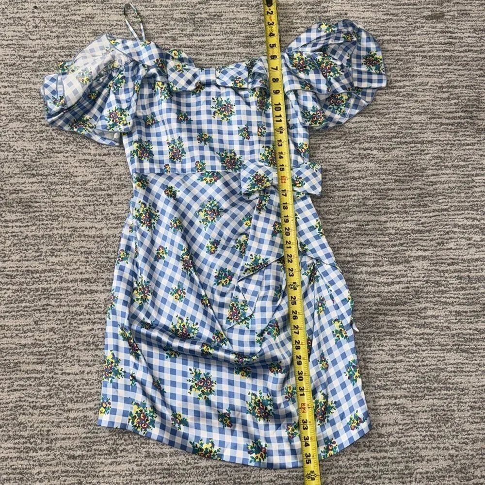New ALESSANDRA RICH Off-Shoulder Floral Dress Medium Blue Gingham IT40/Small - Picture 11 of 16